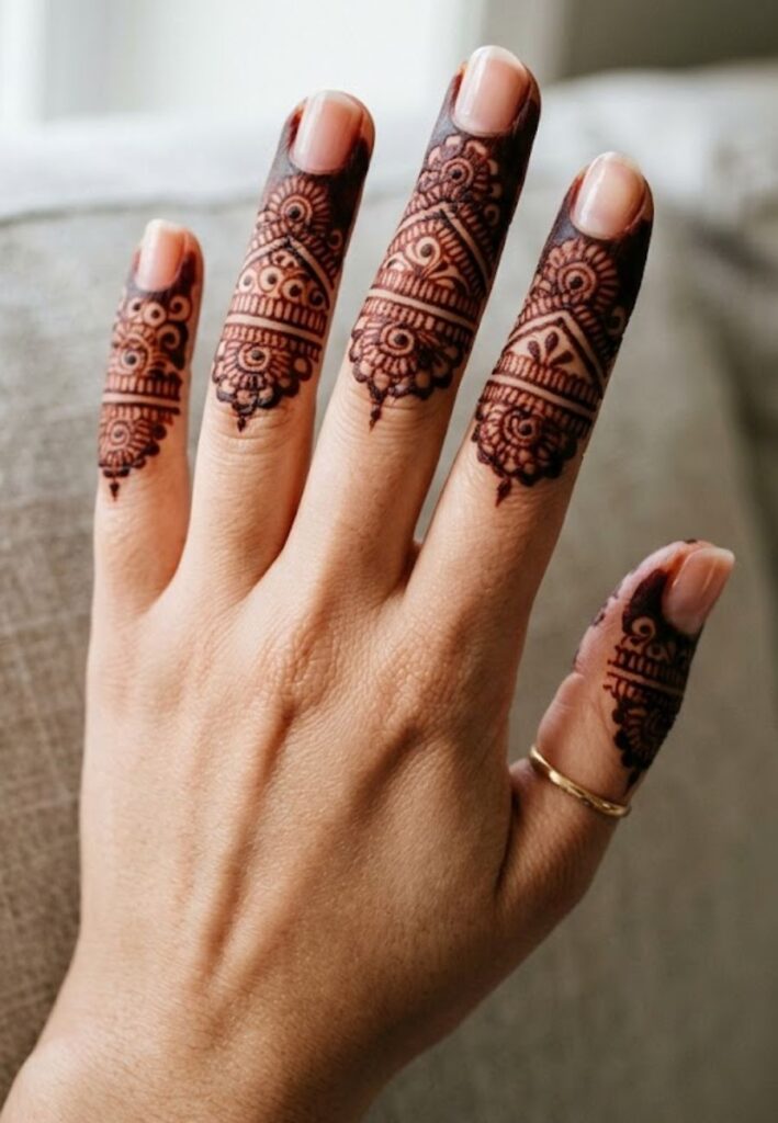 Finger tip mehndi design with dark henna coverage