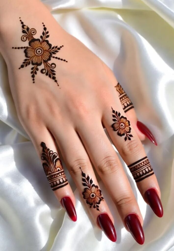 Modern finger henna tattoo design with ring style minimal patterns
