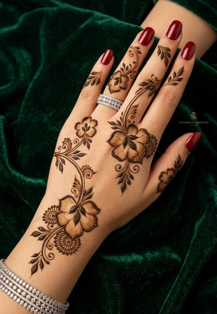 Floral Engagement Mehndi Designs 2026 romantic flower vine henna patterns