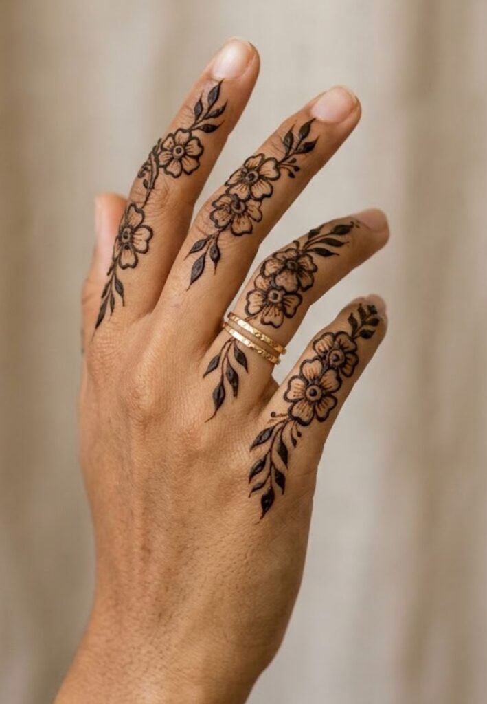 Floral finger mehndi design with elegant flower patterns