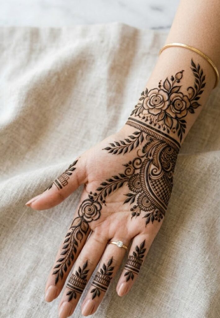 Modern front hand Khafif mehndi design with floral details.