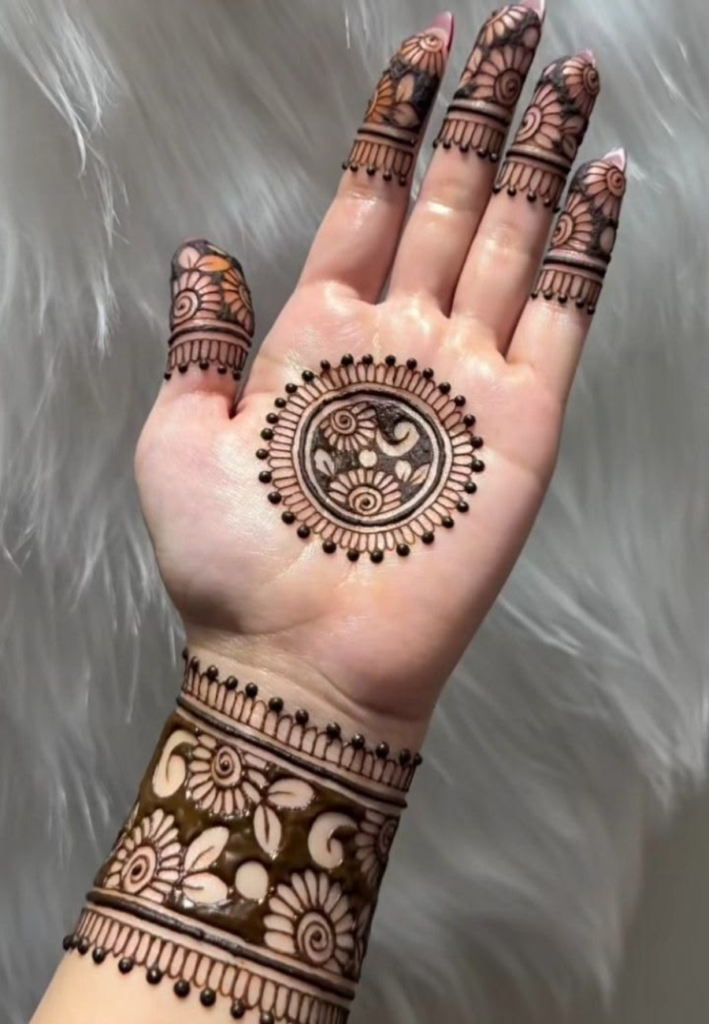 Front hand circular mehndi design featuring elegant mandala patterns with fine floral detailing and symmetrical traditional motifs on the palm.