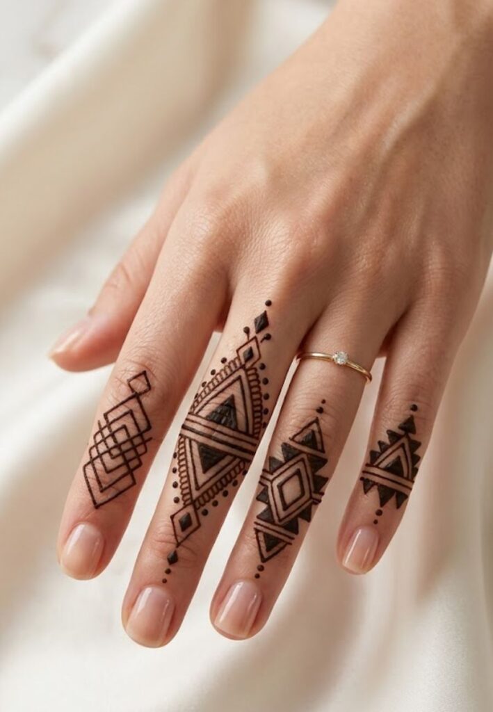 Geometric finger mehndi design with modern symmetrical patterns