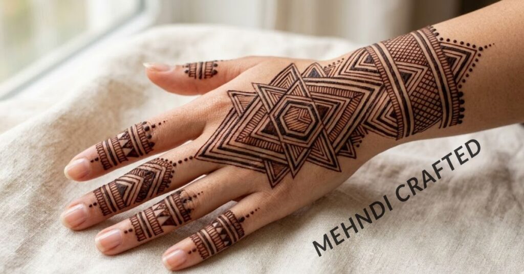 Geometric half hand mehndi.