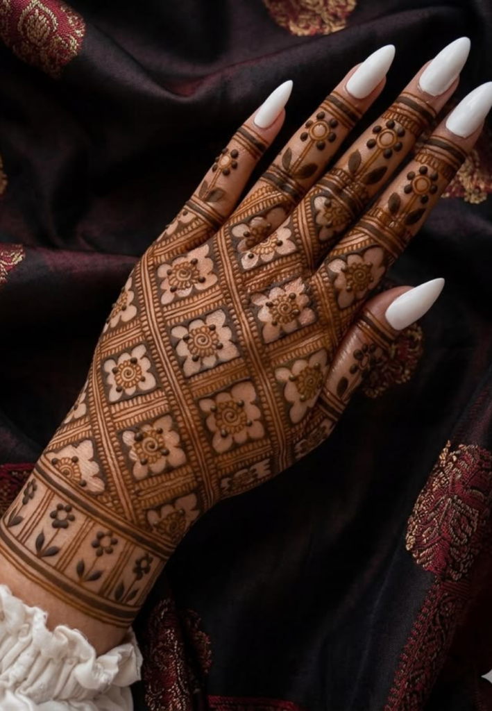 Geometric modern mehndi grid design 2026