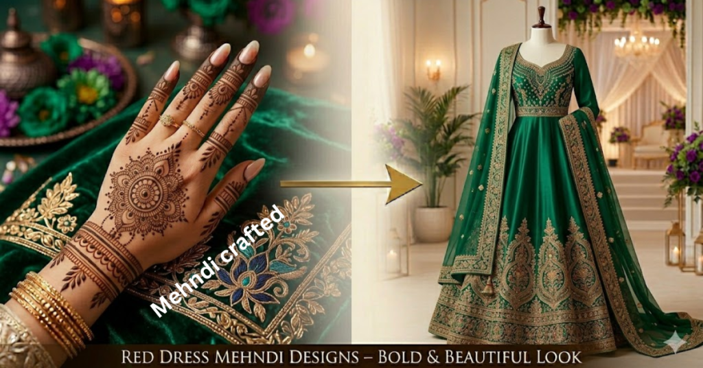 Green outfit with simple leafy mehndi designs matching fashion style