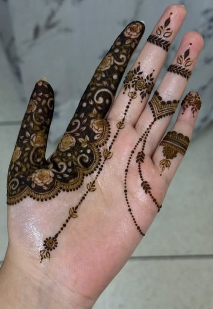 Half palm front hand mehndi design 2026 with modern floral and elegant henna patterns