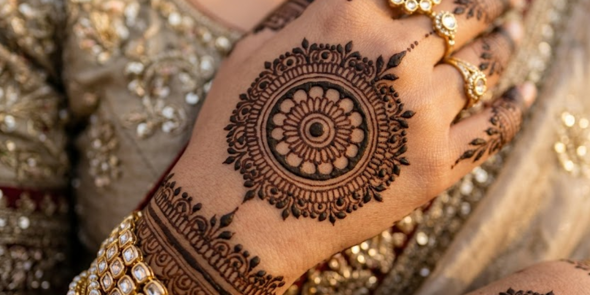 Indian bride hands with elegant fusion mehndi design 2026
