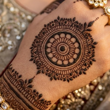 Indian bride hands with elegant fusion mehndi design 2026