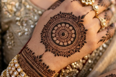 Indian bride hands with elegant fusion mehndi design 2026