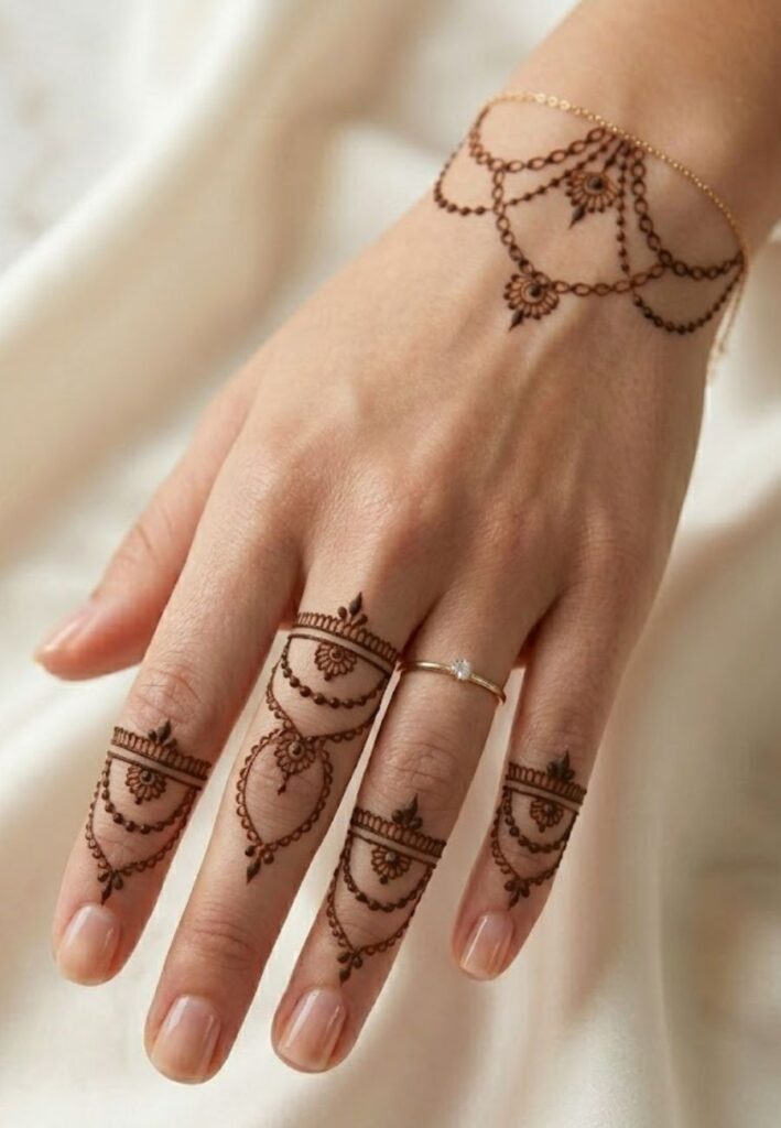 Jewelry inspired finger mehndi design with ring patterns