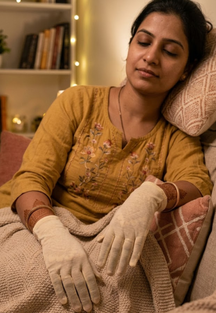 Keeping hands warm after applying mehndi