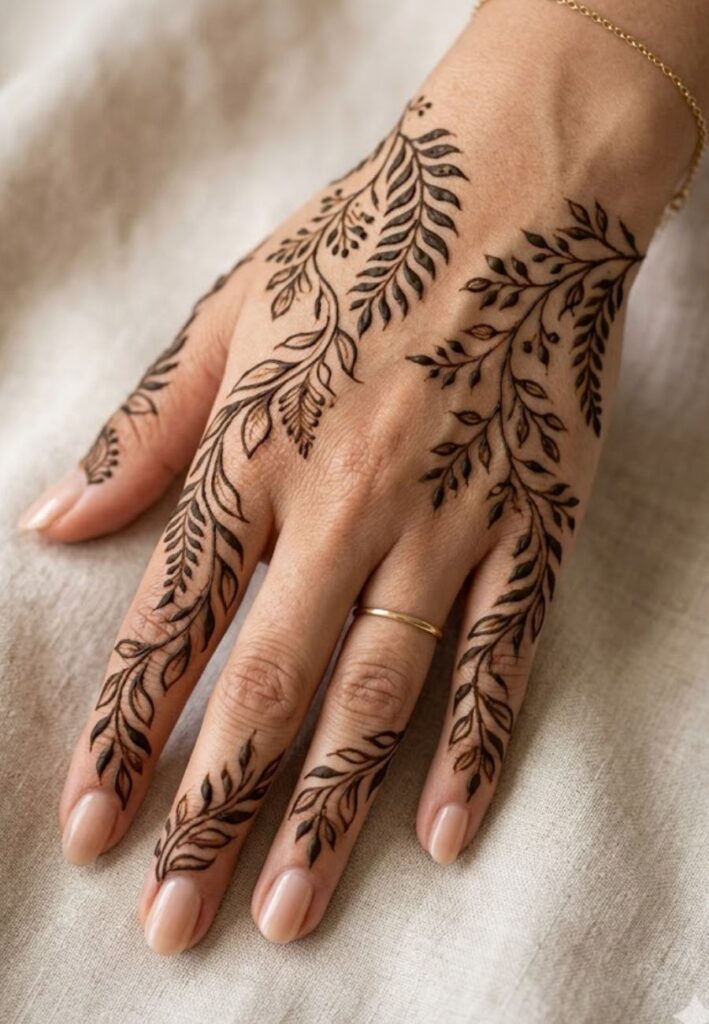 Leaf pattern finger mehndi design with botanical details