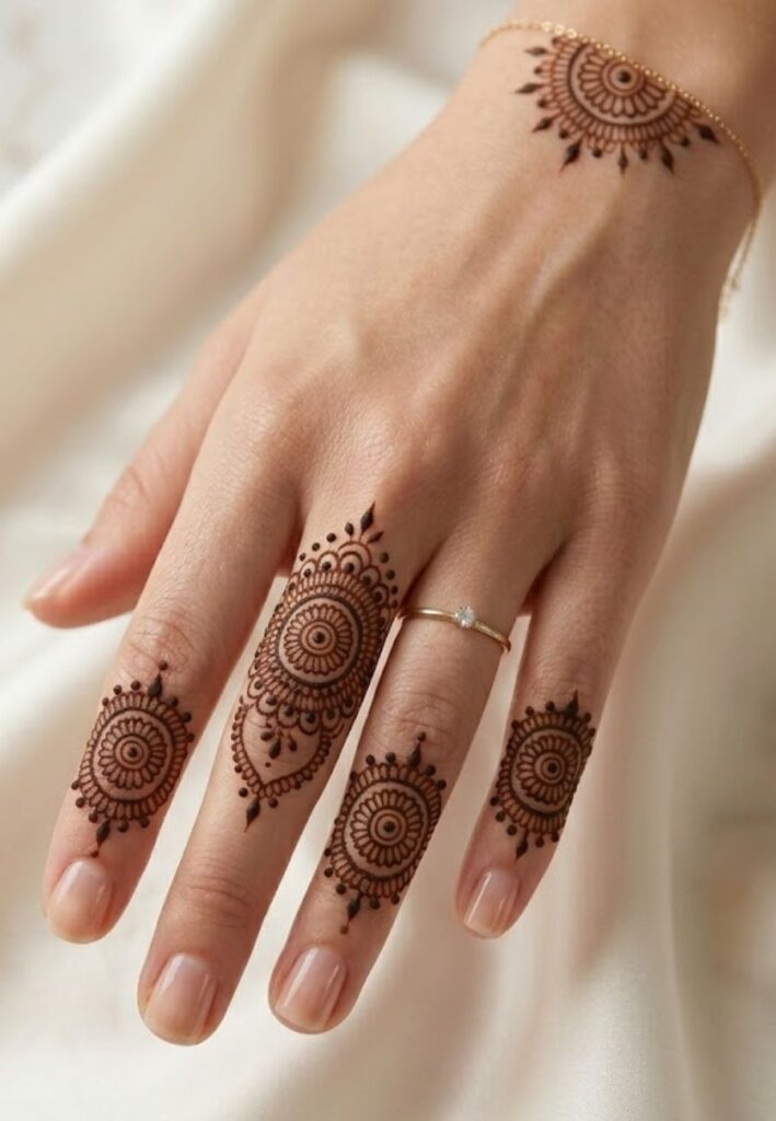 Mandala finger mehndi design with circular henna patterns