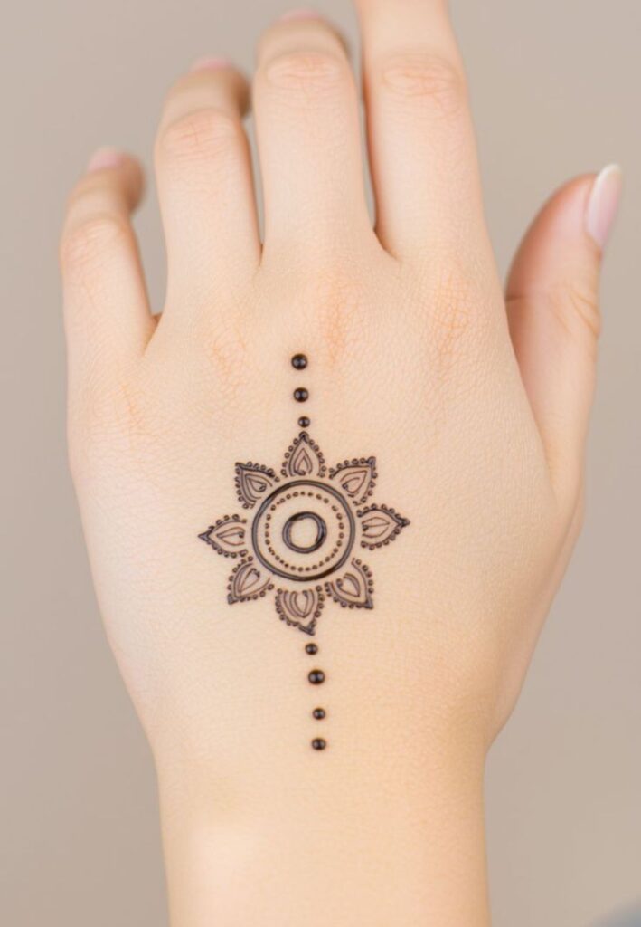 Beautiful mandala henna tattoo design on palm with circular floral patterns