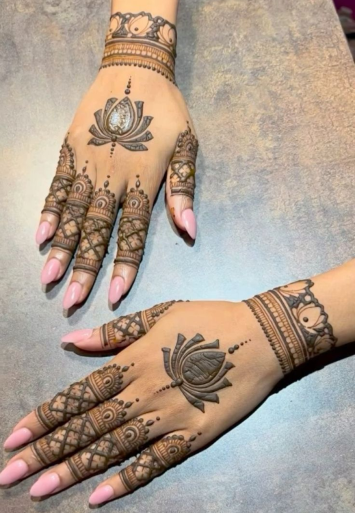 Minimal lotus mandala mehndi design on palm