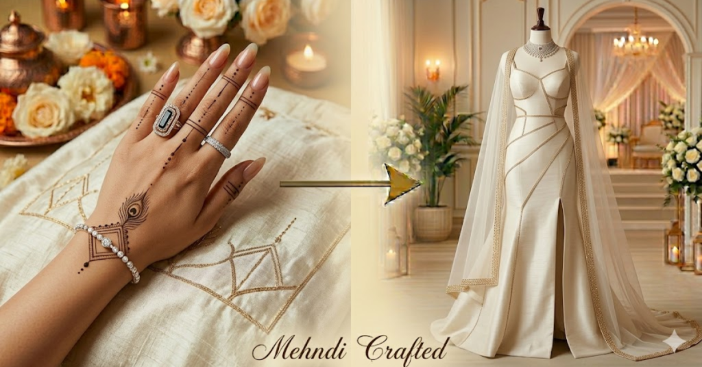 Modern henna pattern perfectly complemented by coordinated jewelry and fabric textures, showcasing a stylish, trendy aesthetic for Mehndi Crafted.