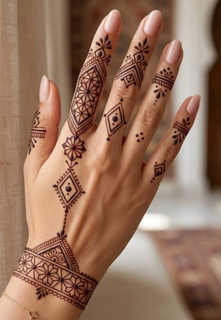 Moroccan finger mehndi design with geometric artwork