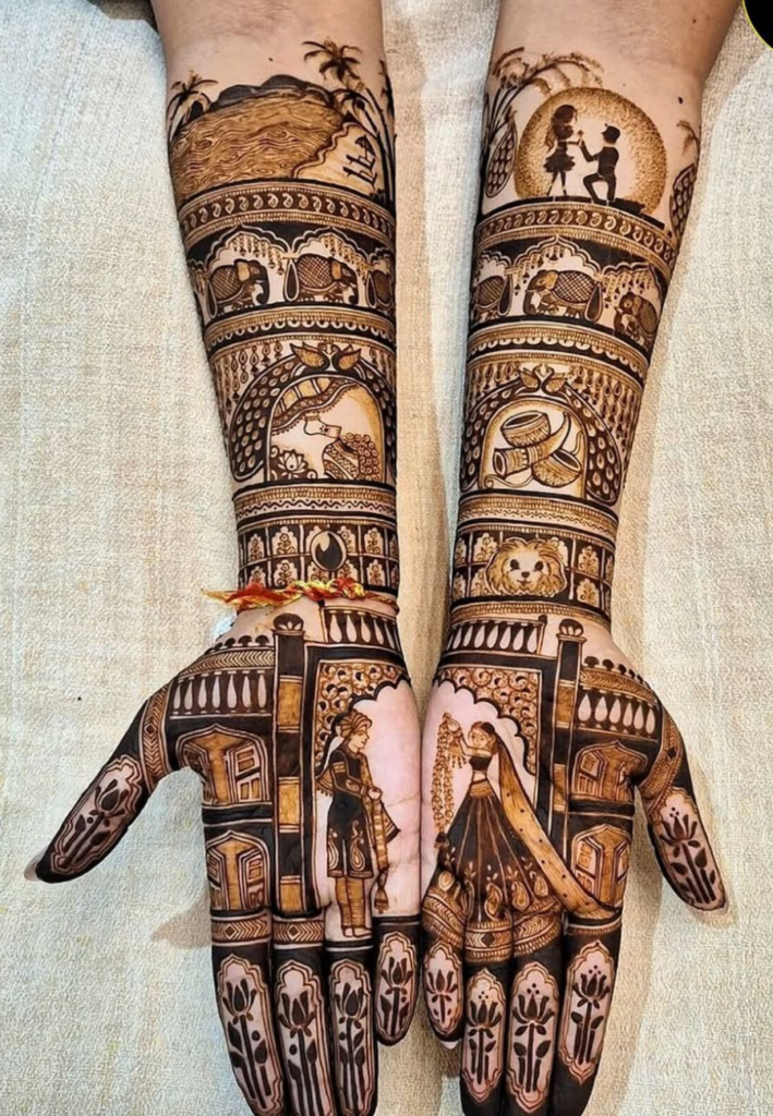 Storytelling bridal portrait mehndi design