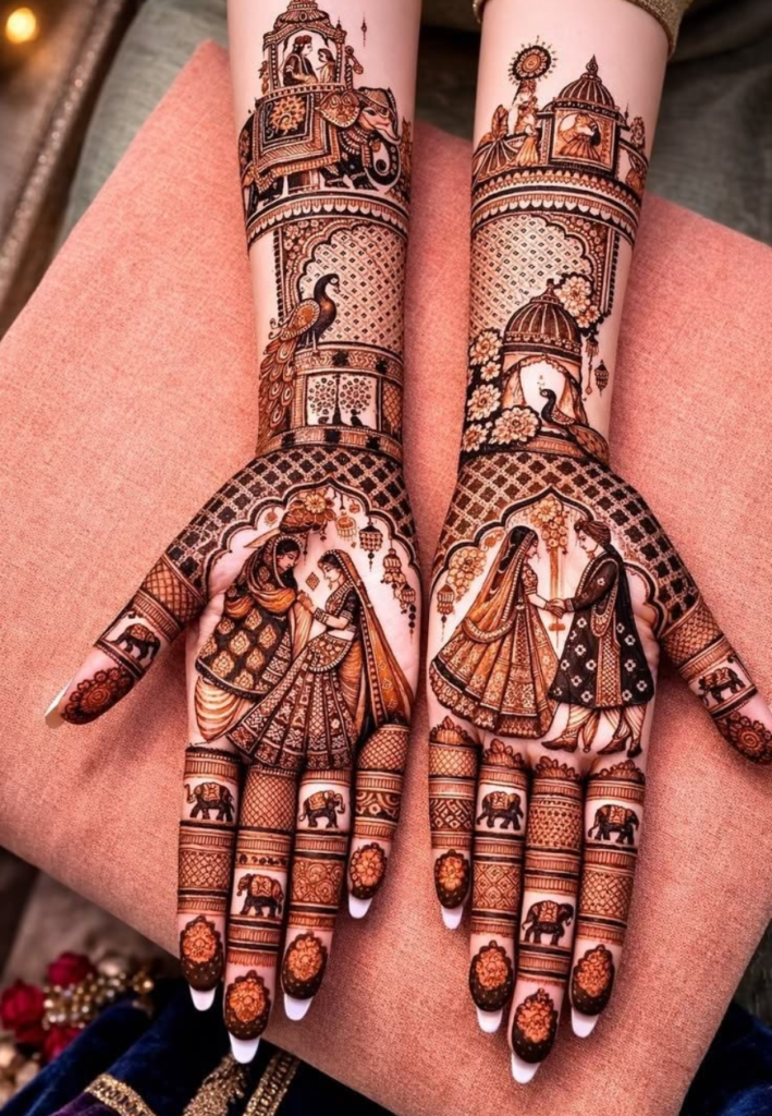 Rajasthani bridal mehndi with elephants and motifs