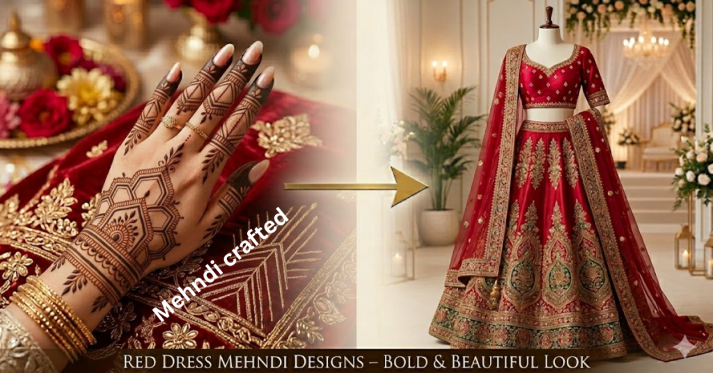 Red dress bridal mehndi designs with bold Arabic henna patterns 2026