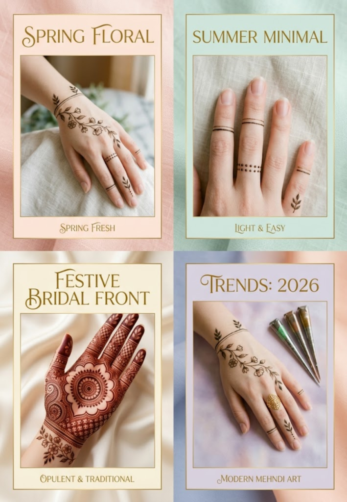 Seasonal front hand mehndi designs 2026 floral festive henna styles