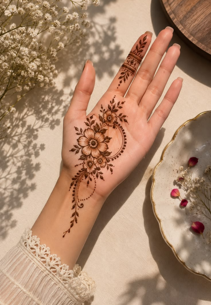 Simple Front Hand Mehndi Designs 2026 with elegant minimalist floral patterns