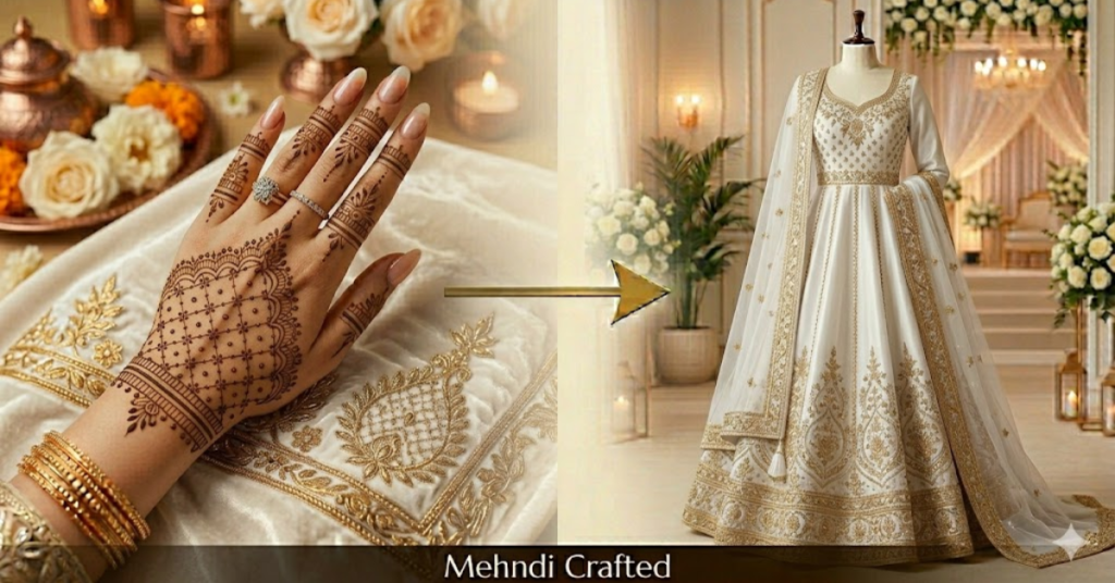 White dress elegant minimal mehndi designs 2026 fashion style