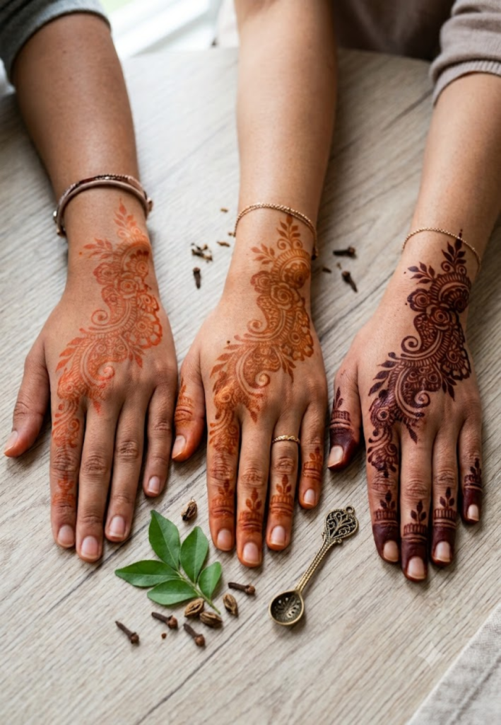 Fresh mehndi stain changing from orange to dark brown naturally