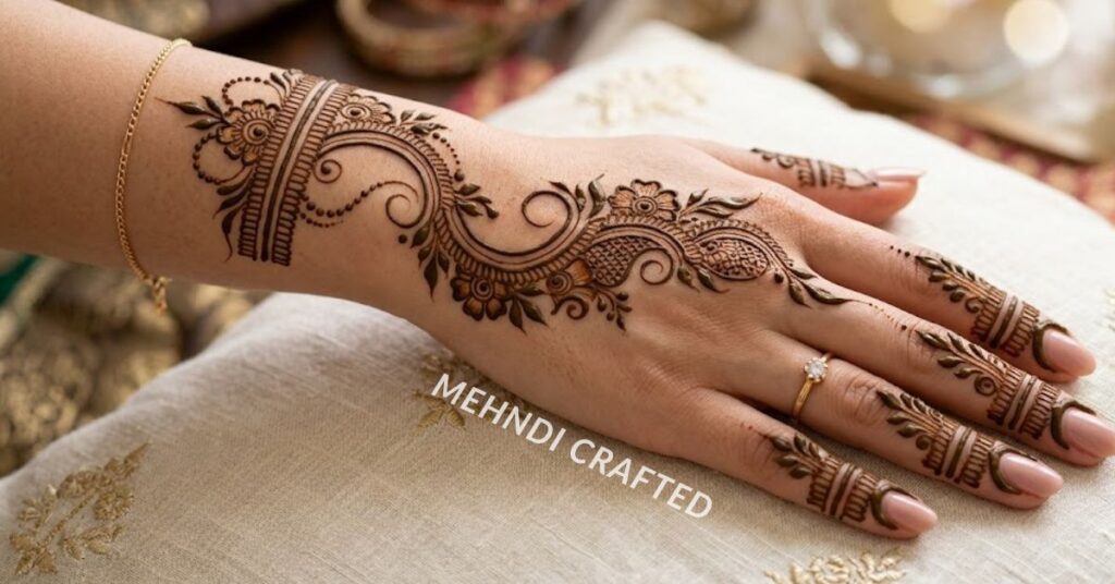 Flowing half hand mehndi design.