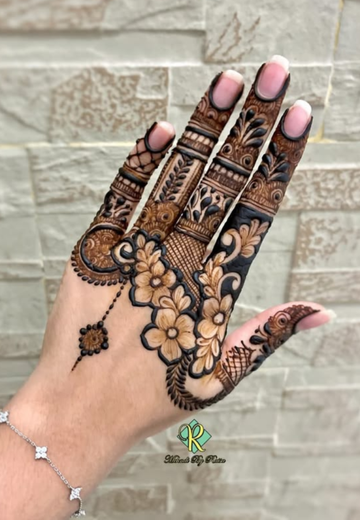 Expert tips for getting a dark mehndi stain showing freshly applied henna on hands, natural drying process, lemon-sugar application technique, and wrapped hands for deep and long-lasting color results.