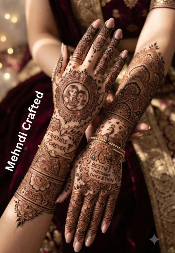 Advanced Friendship Mehndi Designs 2026 with artistic portrait and quote henna art