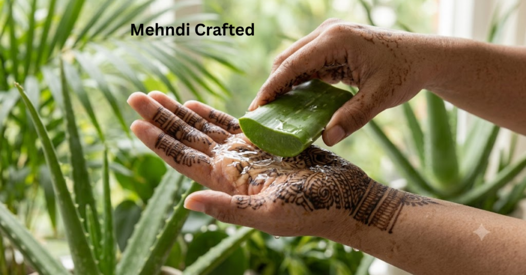 Aloe vera gel applied on hands to reduce mehndi stain naturally