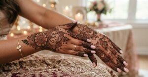 Romantic Anniversary Mehndi Designs with elegant floral and heart patterns on hands