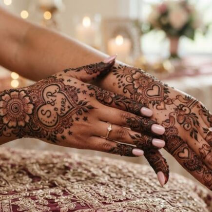 Romantic Anniversary Mehndi Designs with elegant floral and heart patterns on hands
