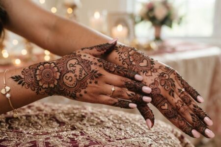 Romantic Anniversary Mehndi Designs with elegant floral and heart patterns on hands