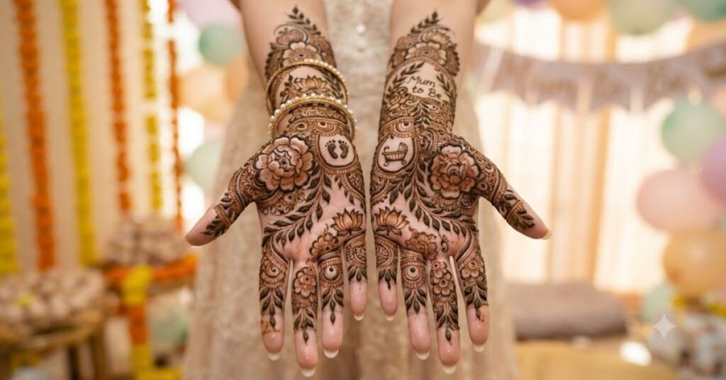 Arabic baby shower henna design with bold floral patterns