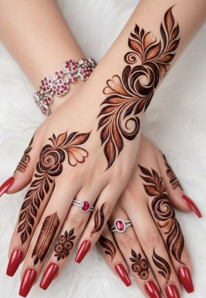 Arabic Birthday Mehndi Designs with bold floral vines and elegant henna patterns