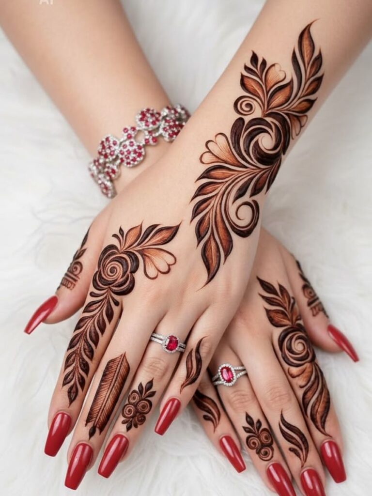 Arabic College Girl Mehndi Designs with bold flowers and flowing leafy vines