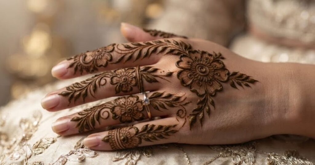 Arabic royal finger henna design with floral patterns