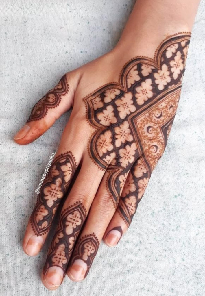 Arabic half hand mehndi designs 2026 featuring bold floral vines, leafy trails, and flowing henna patterns applied from fingers to mid-hand with elegant negative space and modern Arabic style detailing.
