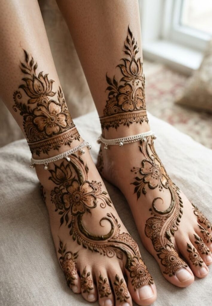 Arabic Leg Mehndi Designs with bold floral vine patterns