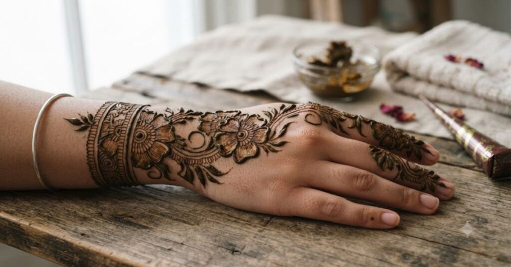 Arabic mehndi design with floral patterns and elegant spacing