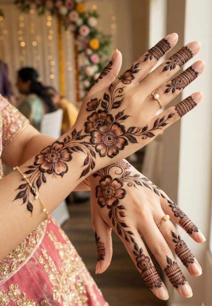 Arabic style bridesmaid henna designs with floral vines