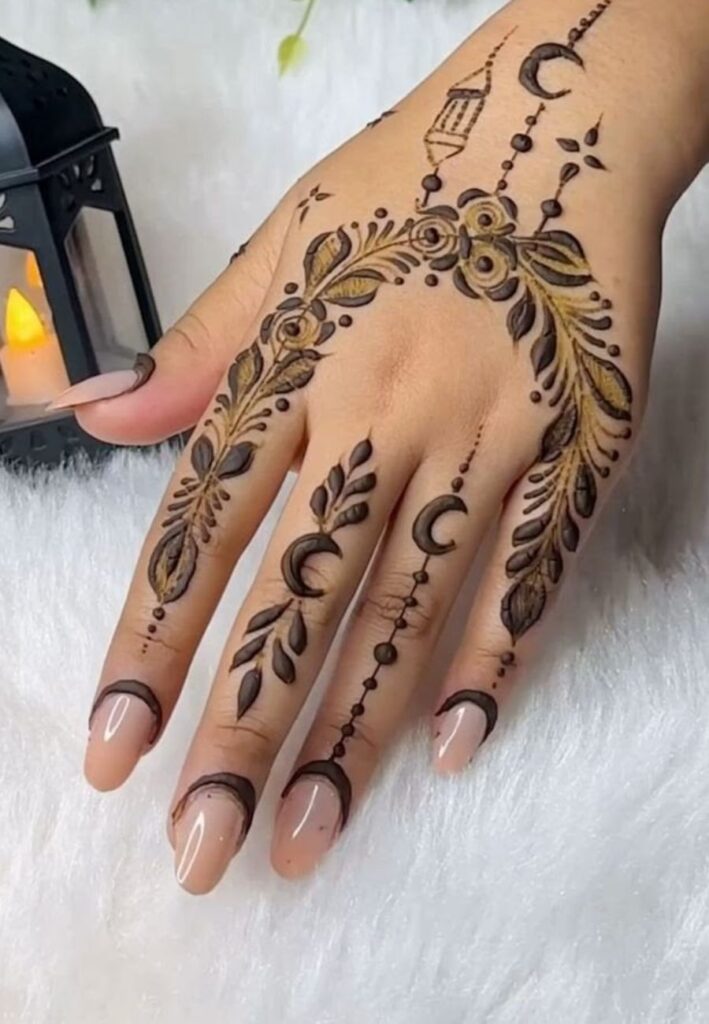 Arabic Style Independence Day Mehndi Designs featuring elegant floral vines, crescent moon and star inspired henna patterns