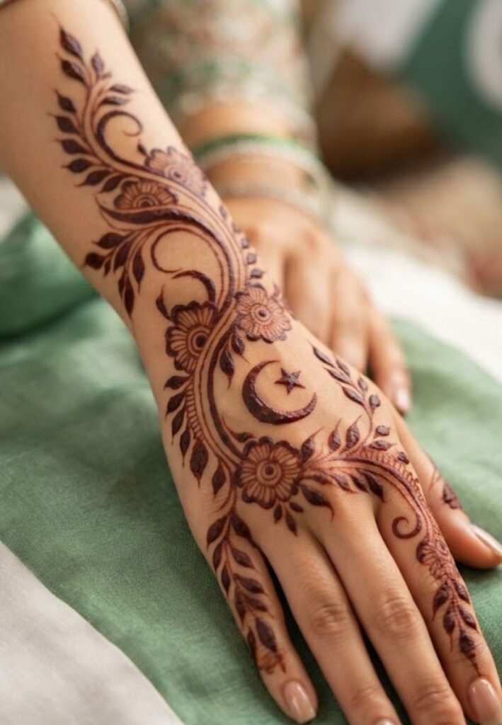 Arabic vine pattern Independence Day mehndi design with floral henna details and crescent star motifs