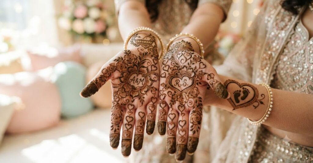 Personalized baby name initial mehndi design for baby shower