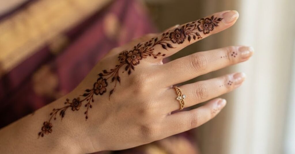 Back hand one finger mehndi design with floral patterns