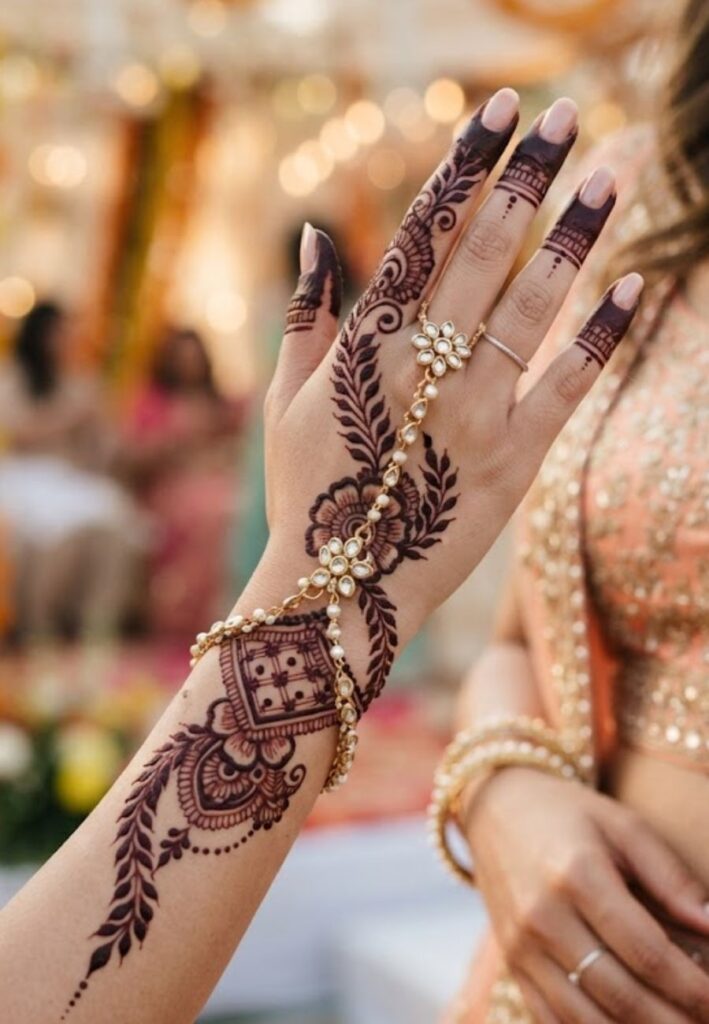 Elegant back hand bridesmaid mehndi design with floral vines