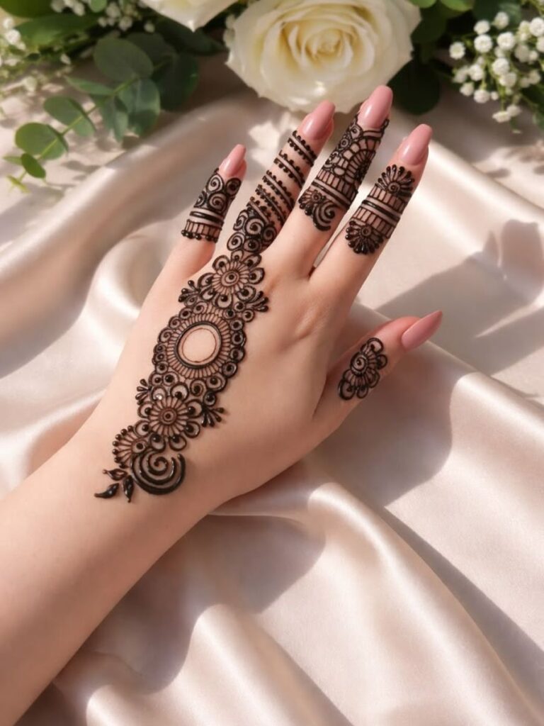 Elegant back hand College Girl Mehndi Designs with modern Arabic henna details